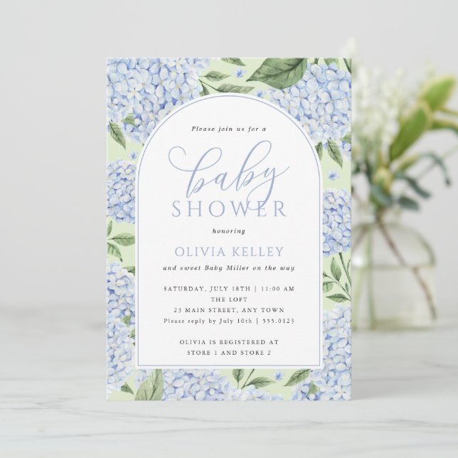 Hydrangea Blomsterbåge Grön och Blå Baby Shower Inbjudningar (Stående Fram)
