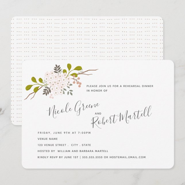 Hydrangea Blooms Botanisk repetitionsmiddag Inbjudningar (Fram/baksida)