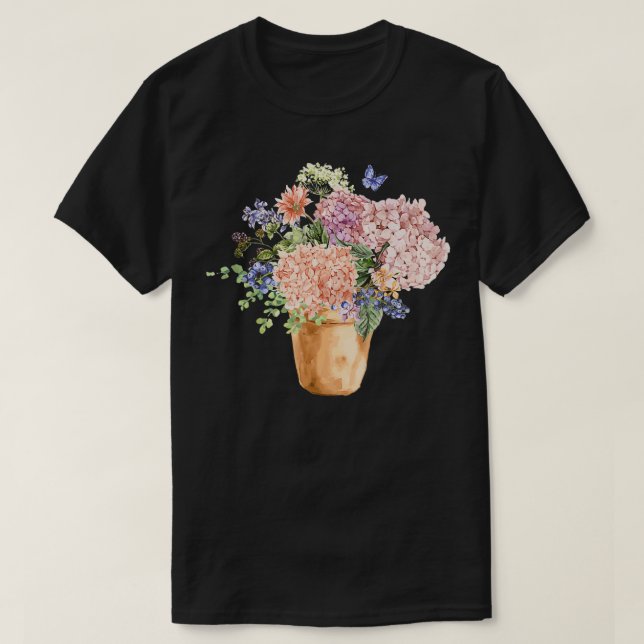 Hydrangea Blooms Bouquet Blommigt Vår sommarflöde T Shirt (Design framsida)