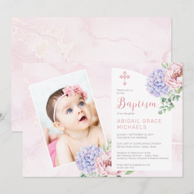 Hydrangea Blooms Girl Baby Photo Baptism Inbjudningar (Fram/baksida)