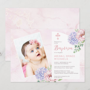 Hydrangea Blooms Girl Baby Photo Baptism Inbjudningar