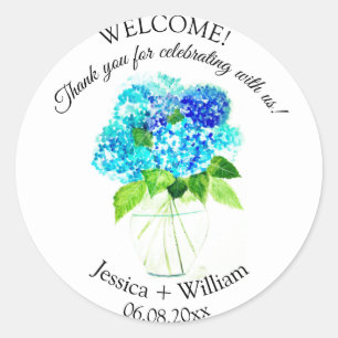 Hydrangea Blue Blommigt Watercolor Bröllop Runt Klistermärke