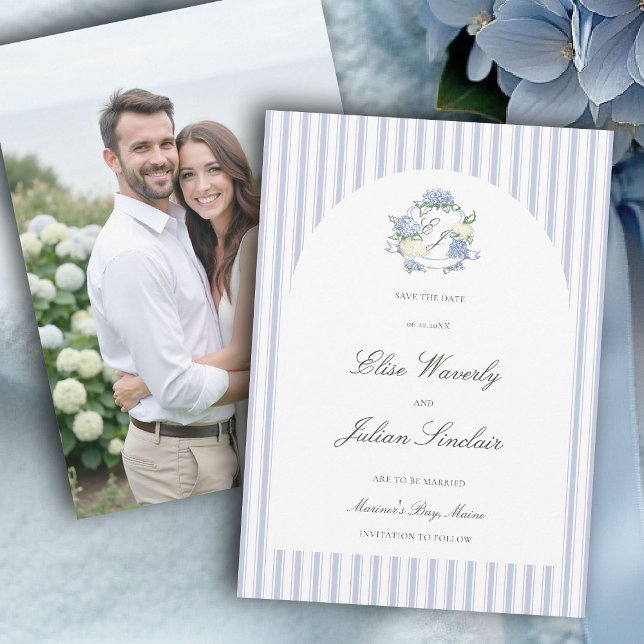 Hydrangea Blue Stripes Arch Coastal Photo Wedding Spara Datumet (hydrangea wedding save the date photo coastal cottagecore romantic garden formal elegant arch)