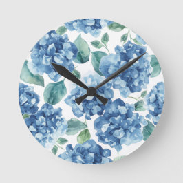 Hydrangea Blues | Akvarellblommor Blommönster Rund Klocka