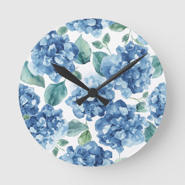 Hydrangea Blues | Akvarellblommor Blommönster Rund Klocka (Framsida)
