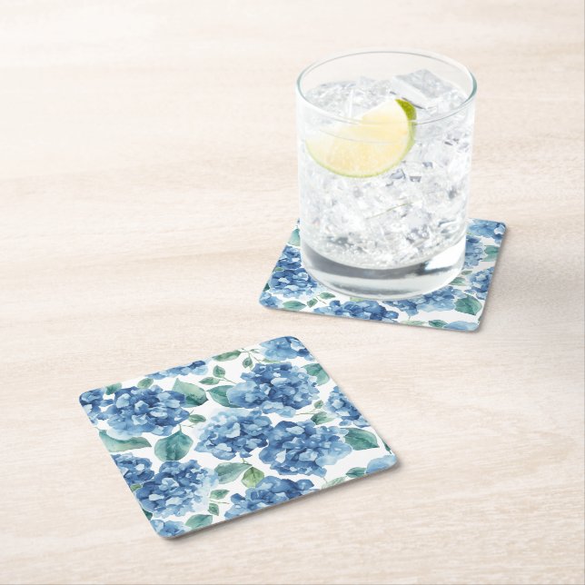 Hydrangea Blues | Akvarellblommor Blommönster Underlägg Papper Kvadrat (Insitu)