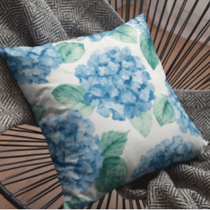 Hydrangea Blues Blommig Akvarell Botaniska Blommor Kudde