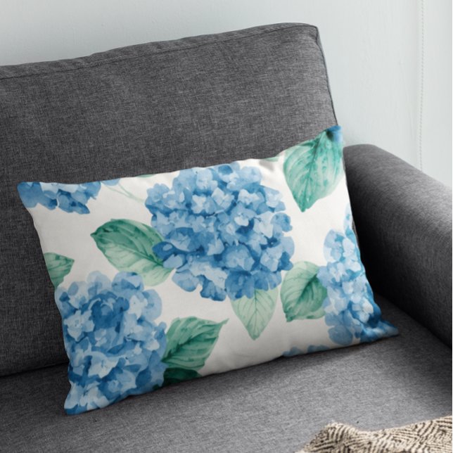 Hydrangea Blues Blommor Vattenfärg Botaniska Blomn Prydnadskudde (Skapare uppladdad)