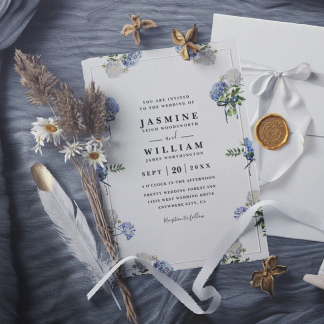 Hydrangea Bouquet Blue Elegant QR Code Wedding Inbjudningar (Skapare uppladdad)