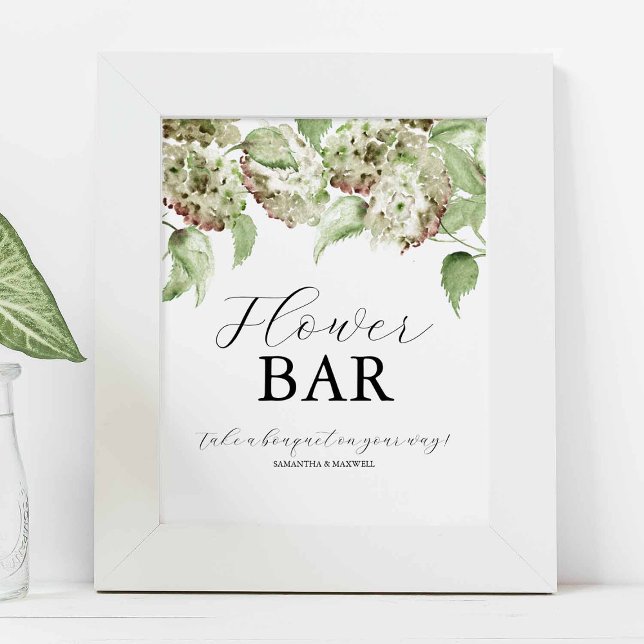 Hydrangea Bröllopsblomsbarskyltar Poster (Flower bar sign watercolor hydrangea art by Victoria Grigaliunas of Do Tell A Belle)