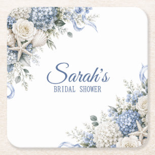 Hydrangea Coastal Bridal Shower Personlig Underlägg Papper Kvadrat