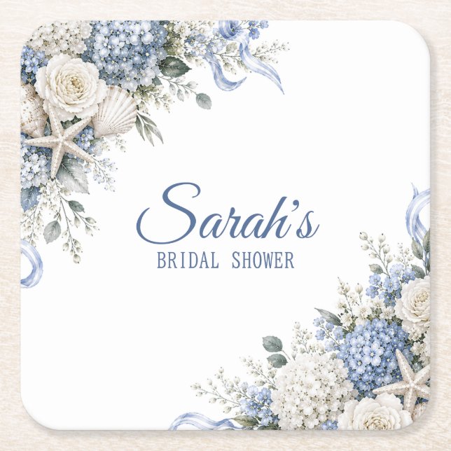 Hydrangea Coastal Bridal Shower Personlig Underlägg Papper Kvadrat (Framsidan)