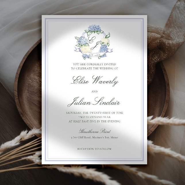 Hydrangea Crest Formal Blue Frame Coastal Wedding Inbjudningar (hydrangea wedding invitation coastal cottagecore romantic garden formal elegant crest)