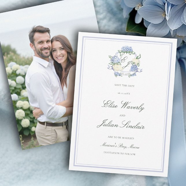 Hydrangea Crest Formell Blå Kustnära Foto Bröllop Spara Datumet (hydrangea wedding save the date photo coastal cottagecore romantic garden formal elegant traditional)