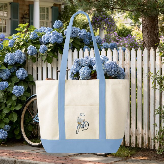 Hydrangea Cykel Monogram Kontrast Trimning Tygkasse (Hydrangea Bicycle Tote Bag)