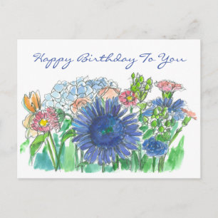 Hydrangea Daisy Watercolor Flowers Grattis på föde Vykort