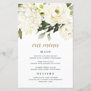 Hydrangea Elegant White Guld Bröllop Menu-kort