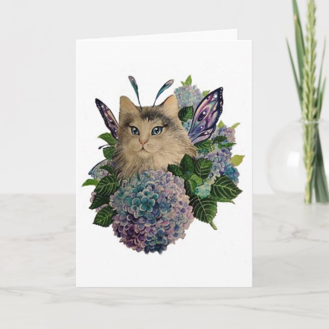 Hydrangea fairy kattunge-gratulationskort kort (Framsida)