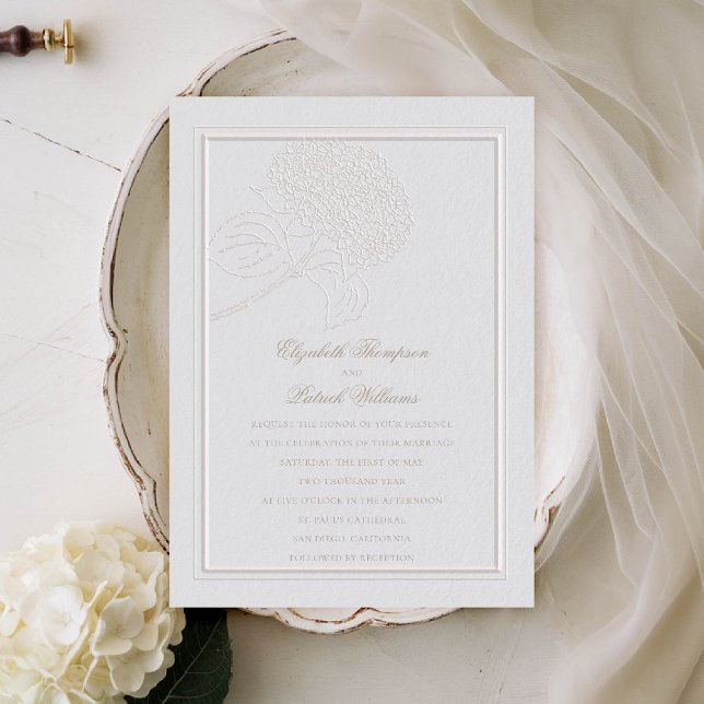 Hydrangea Faux Emchef Ram Formal Elegant bröllop Inbjudningar (hydrangea wedding invitation formal traditional modern classic double frame ivory faux embossed)