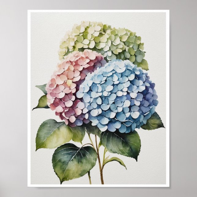 Hydrangea Flowers Handmade Poster Vatten färg (Framsidan)