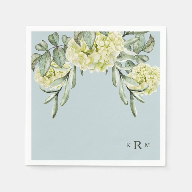 Hydrangea Foliage Monogram Dusty Blue Cocktail Pappersservett (Framsidan)