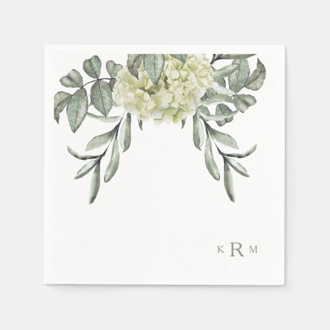 Hydrangea Foliage Sage Monogram Cocktail Napkins Pappersservett (Framsidan)
