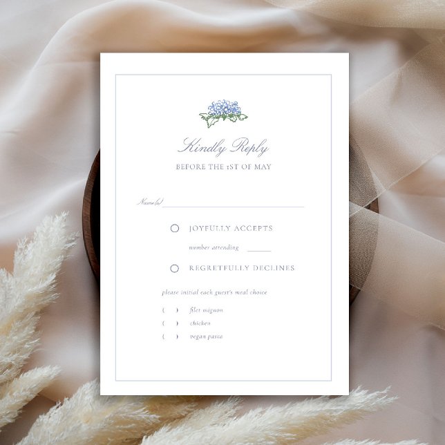 Hydrangea Formal Blue Frame Coastal Wedding Meal OSA Kort (hydrangea wedding rsvp meal choice coastal cottagecore romantic garden formal elegant traditional)