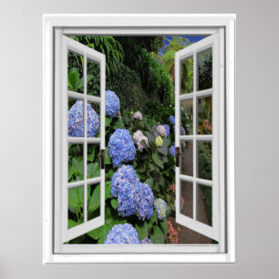 Hydrangea Garden View Fake Window Poster