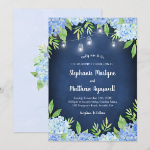 Hydrangea Greenery Navy Mason Burk Ljus Bröllop Inbjudningar