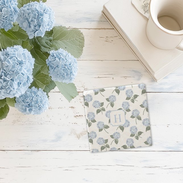 Hydrangea Hampton Blåa blommor Monogram Stenunderlägg (blue hydrangea monogram stone drinks coaster)