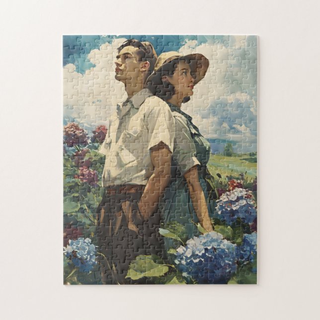 Hydrangea Harmony: Vintage Kärlek Pussel (Vertikal)