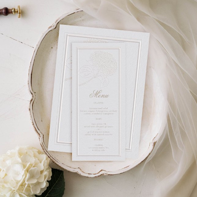 Hydrangea Ivory Ram Formal Elegant bröllop Meny (hydrangeas wedding menu formal traditional elegant modern classic double frame ivory gold)