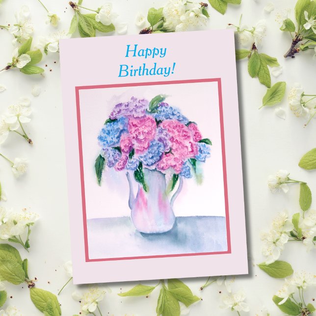 Hydrangea-kort för grattis på födelsedagen-vattenf kort (A fan of watercolor and hydrangeas this card will be the perfect way to say, Happy birthday!)
