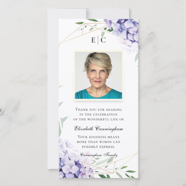 Hydrangea Lilac Blommigt Geometric Memorial Tack Kort (Framsida)