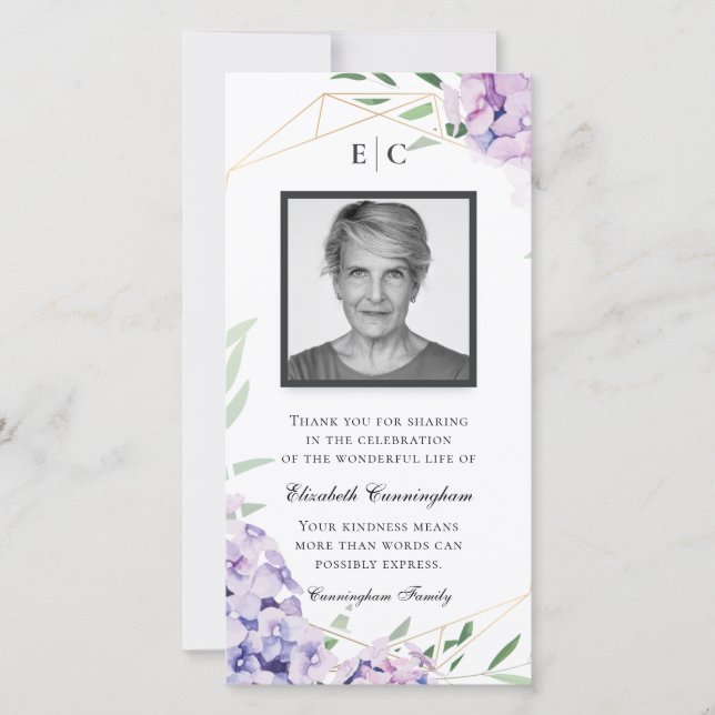 Hydrangea Lilac Blommigt Geometric Memorial Tack Kort (Framsida)