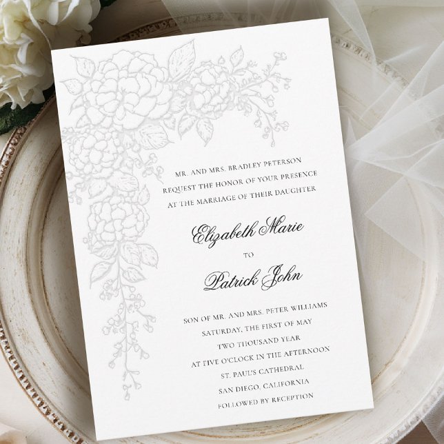 Hydrangea Luminous White Formal Classic Wedding Inbjudningar (hydrangea wedding invitation formal traditional modern classic art sketch black white parents host)