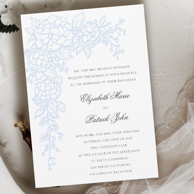 Hydrangea Lysande Blå Formell Klassisk Bröllop Inbjudningar (hydrangea wedding invitation formal traditional modern classic art sketch parents host blue)
