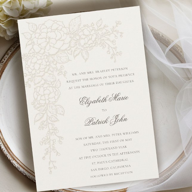 Hydrangea Lysande Ecru 2 Formell Klassisk Bröllop Inbjudningar (hydrangea wedding invitation formal traditional modern classic art sketch parents host ecru 2)