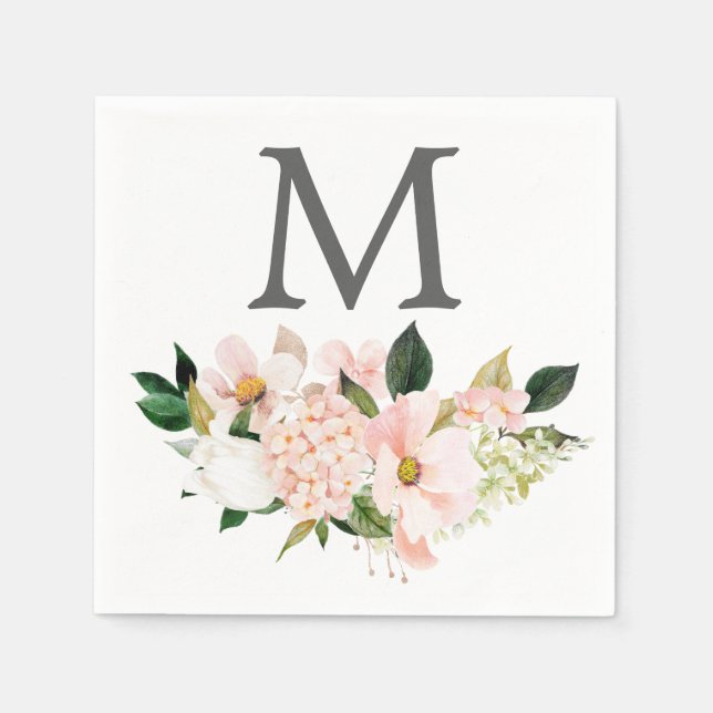  Hydrangea Monogram Bröllop Cocktail Napkin Pappersservett (Framsidan)