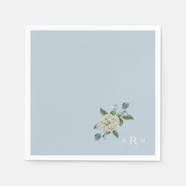 Hydrangea Monogram Dusty Blue Cocktail Pappersservett (Framsidan)