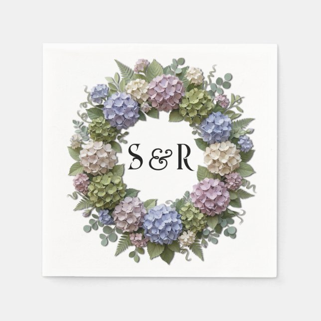 Hydrangea Monogram Krans Bröllop Pappersservett (Framsidan)