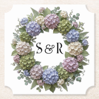 Hydrangea Monogram Krans Bröllop Underlägg Papper