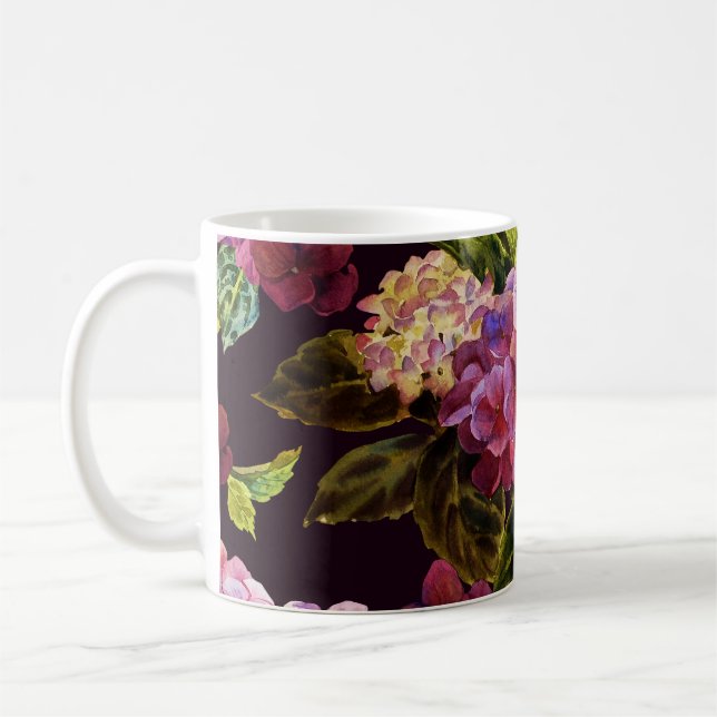 Hydrangea, mörk, sömlöst blommönster. kaffemugg (Vänster)