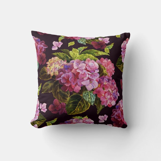 Hydrangea, mörk, sömlöst blommönster. kudde (Framsida)