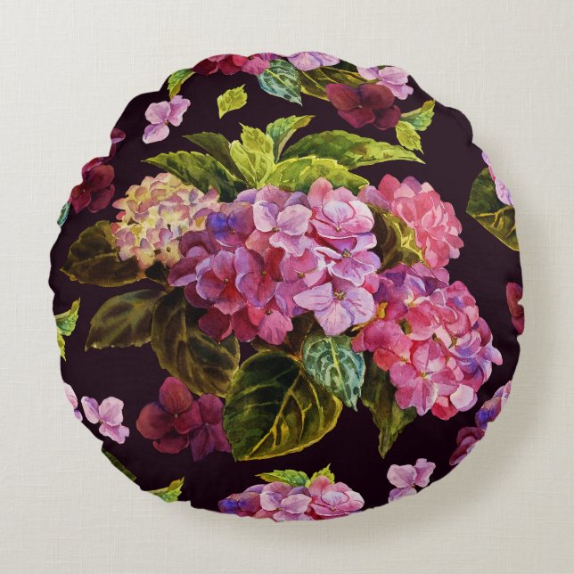 Hydrangea, mörk, sömlöst blommönster. rund kudde (Framsidan)