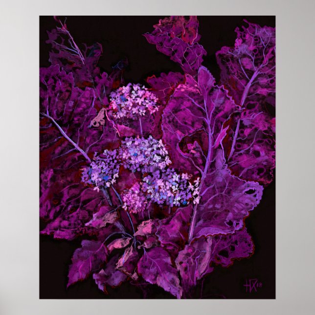 Hydrangea och Horseradish Blommigt Art Black Lila Poster (Framsidan)