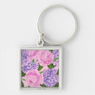 Hydrangea och peony mönster fyrkantig silverfärgad nyckelring