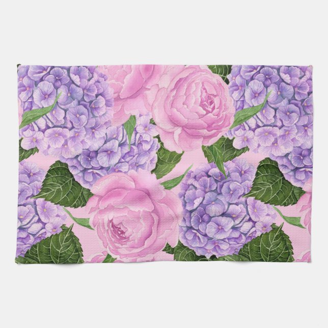 Hydrangea och peony mönster kökshandduk (Horisontell)