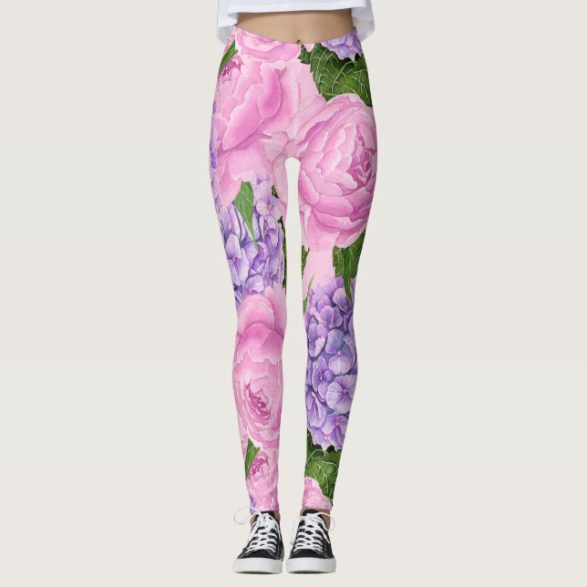 Hydrangea och peony mönster leggings (Framsida)