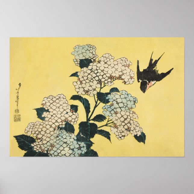 Hydrangea och Svälj av Katsushika Hokusai Poster (Framsidan)